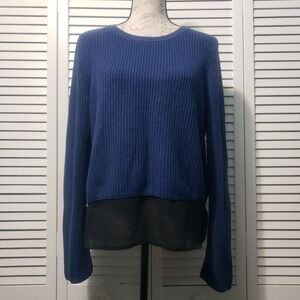 Banana Republic Ribbed Knit Sweater Womens Small Blue Pullover Sheer Chiffon Hem